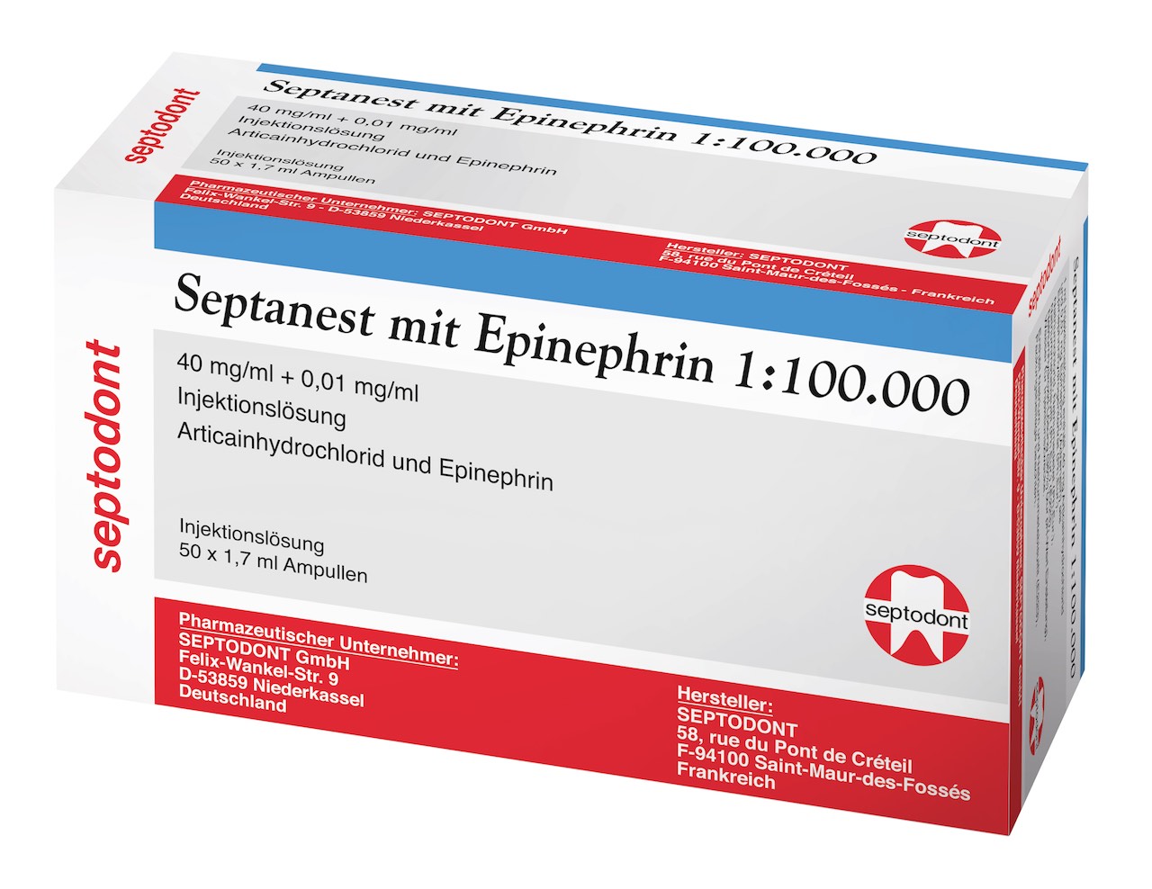 Septanest mit Adrenalin 1/100 000 heißt jetzt "Septanest mit Epinephrin 1:100.000 - 40 mg/ml + 0,01 mg/ml Injektionslösung"