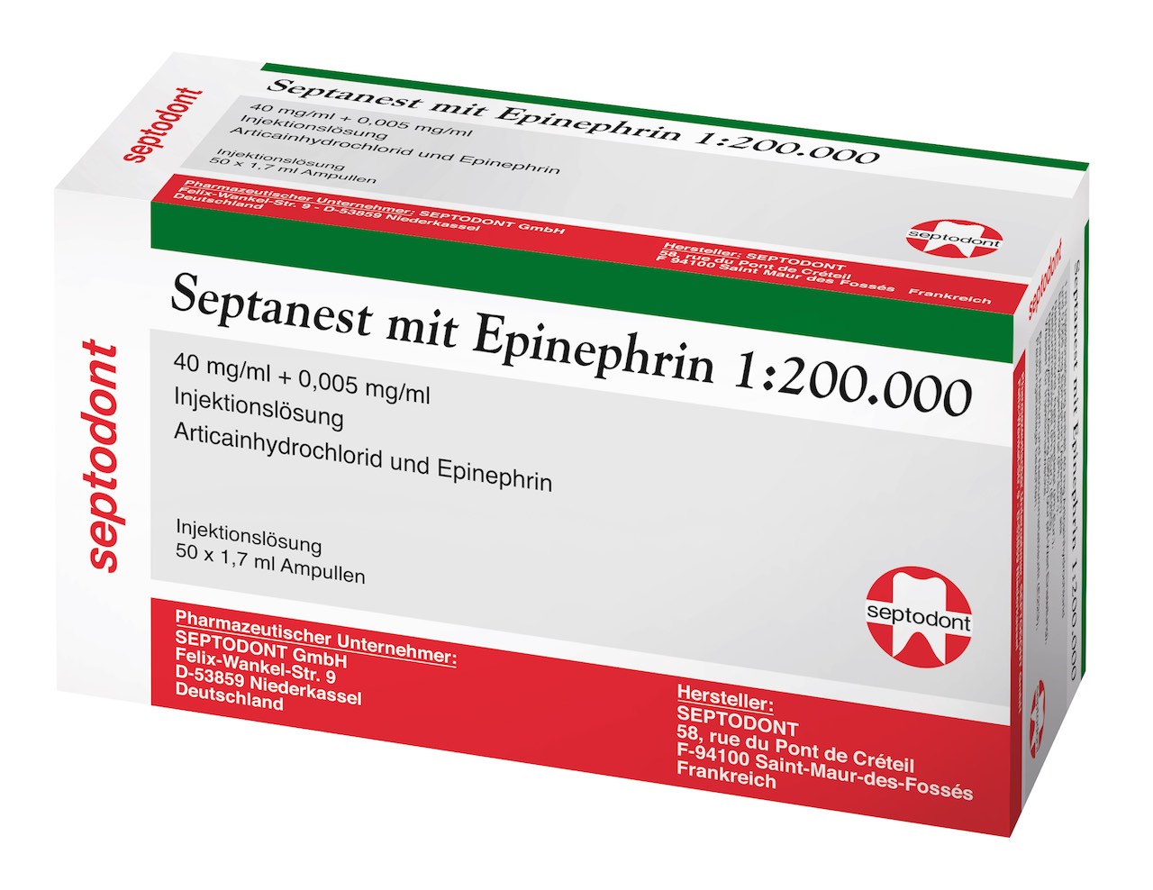Septanest mit Epinephrin 1:200.000 heißt jetzt "Septanest mit Adrenalin 1:200.000 - 40 mg/ml + 0,005 mg/ml Injektionslösung" 