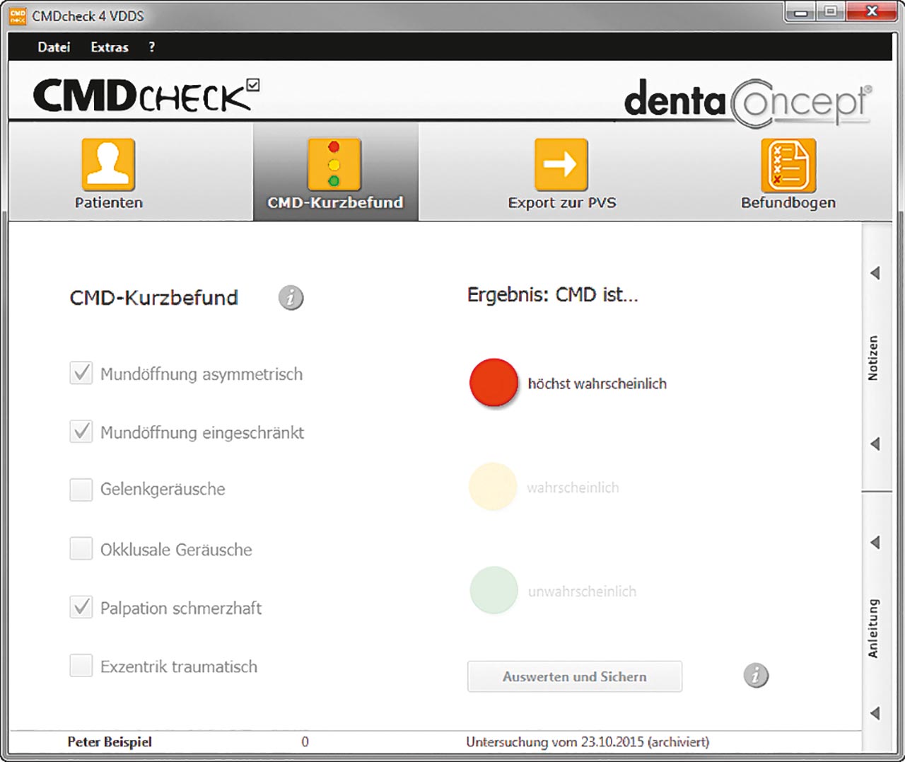 Abb. 14 Erfassung und Auswertung des CMD- Kurzbefundes mittels der Software CMDcheck 4 (Freeware, siehe www.dentaConcept.de)