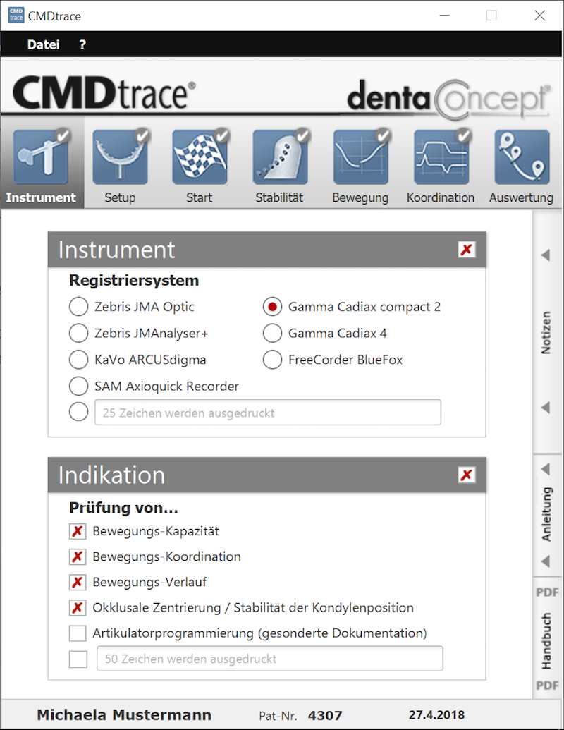 Abb. 8: CMDtrace, Programmseite mit Auswahl des Instrumentes und der Untersuchungsindikation