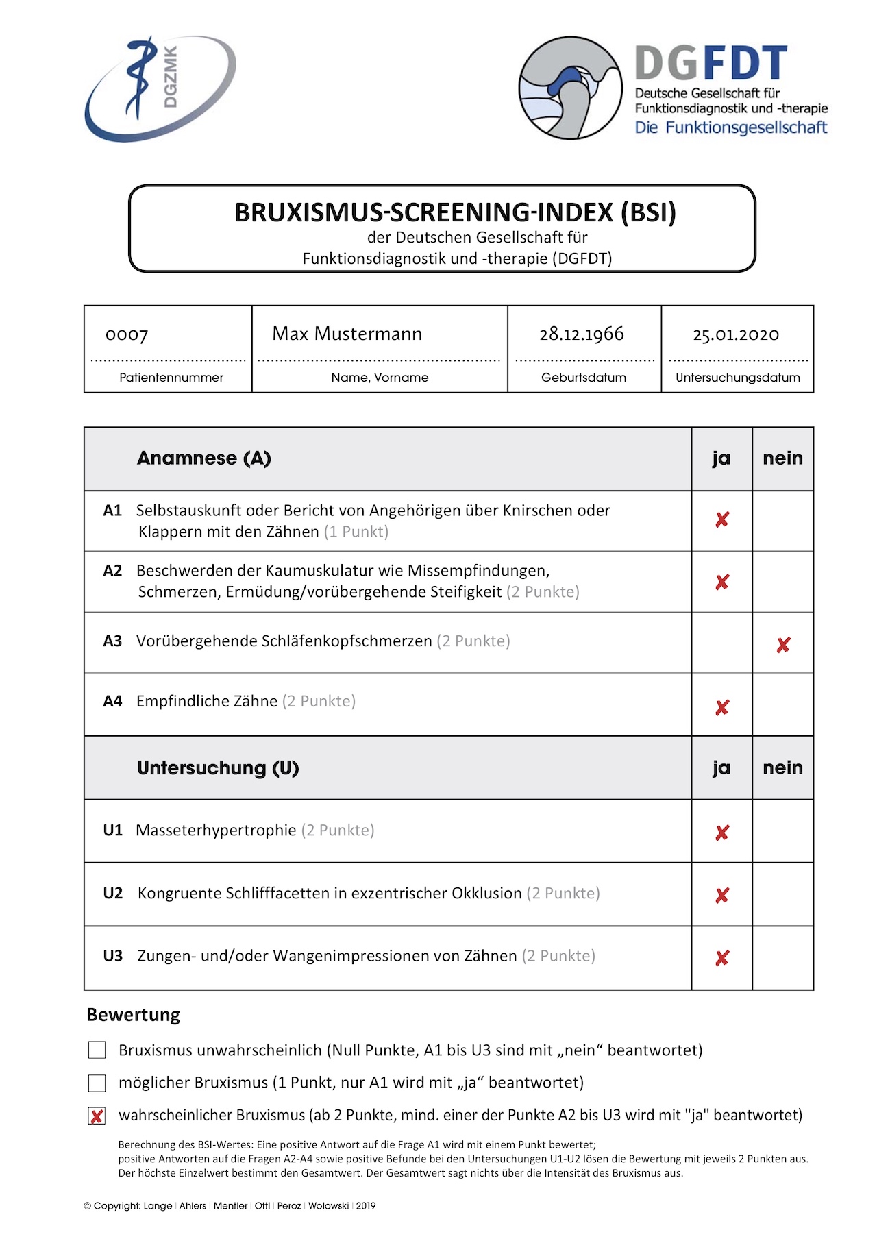 Abb. 1a: Befundbogen Bruxismus-Screening-Index (BSI) der DGFDT.     Das Formular zum Erheben des Bruxismus-Screening-Index kann auf der Homepage der DGFDT heruntergeladen werden. (Copyright: Lange/Ahlers/Mentler/Ottl/Peroz/Wolowski)