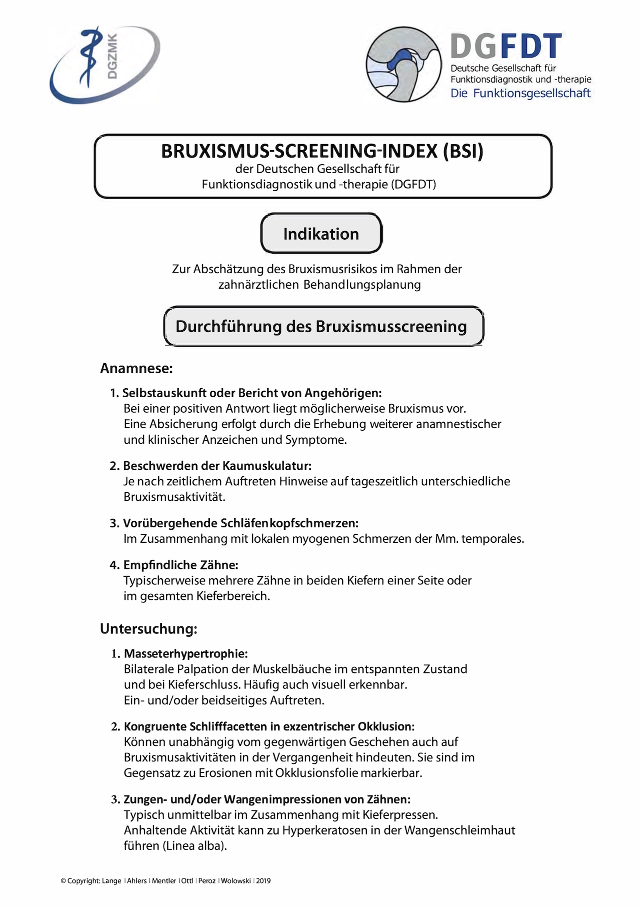 Abb. 1b: Befundbogen Bruxismus-Screening-Index (BSI) der DGFDT, Seite 2 mit der Anleitung zur Durchführung der Untersuchung.