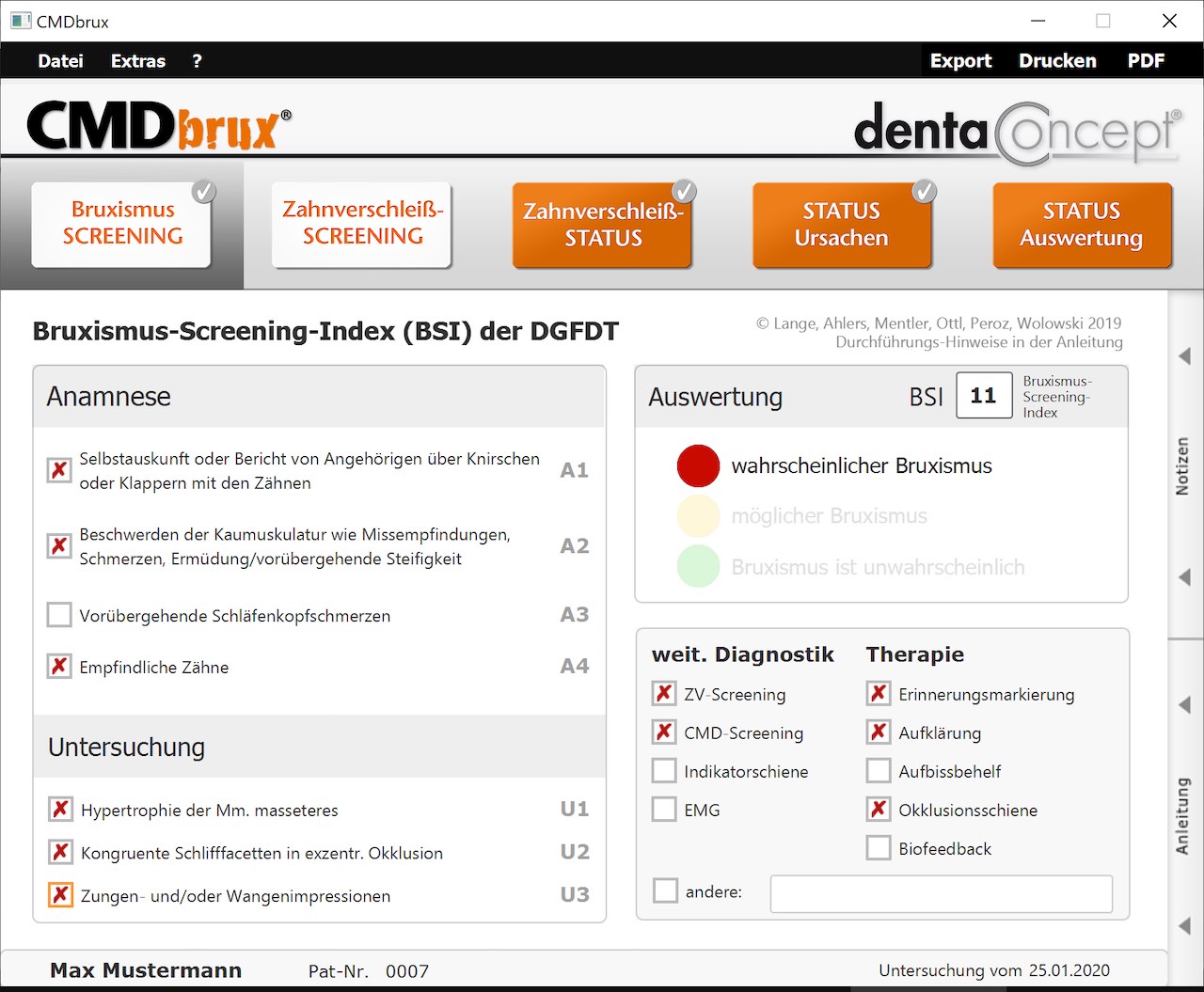 Abb. 2: Screenshot aus CMDbrux, Ergänzungsmodul zur Software CMDfact (dentaConcept Verlag)