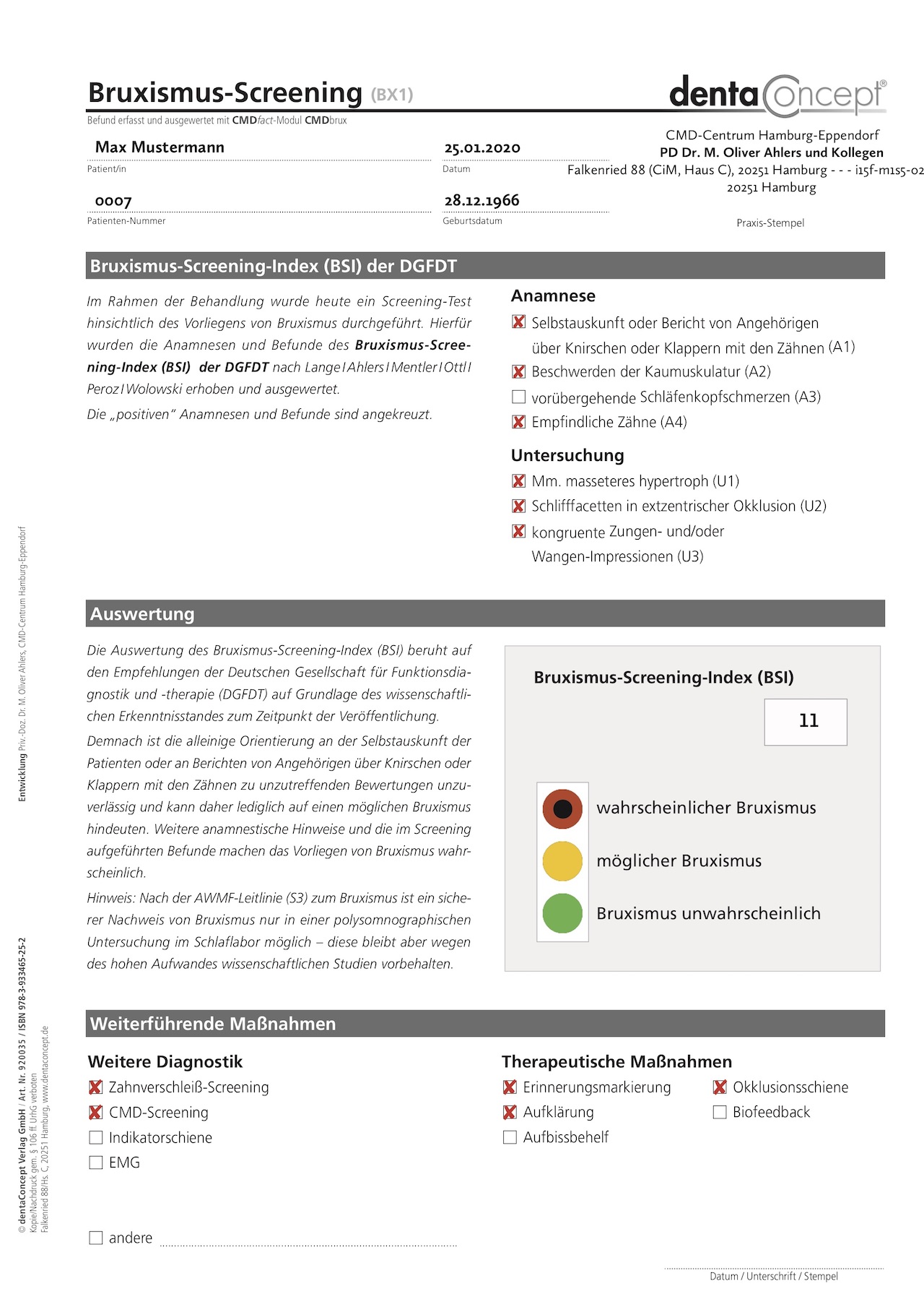 Abb. 3: Befundbogen Bruxismus-Screening-Index (BSI) mit Zusatzdokumentationen