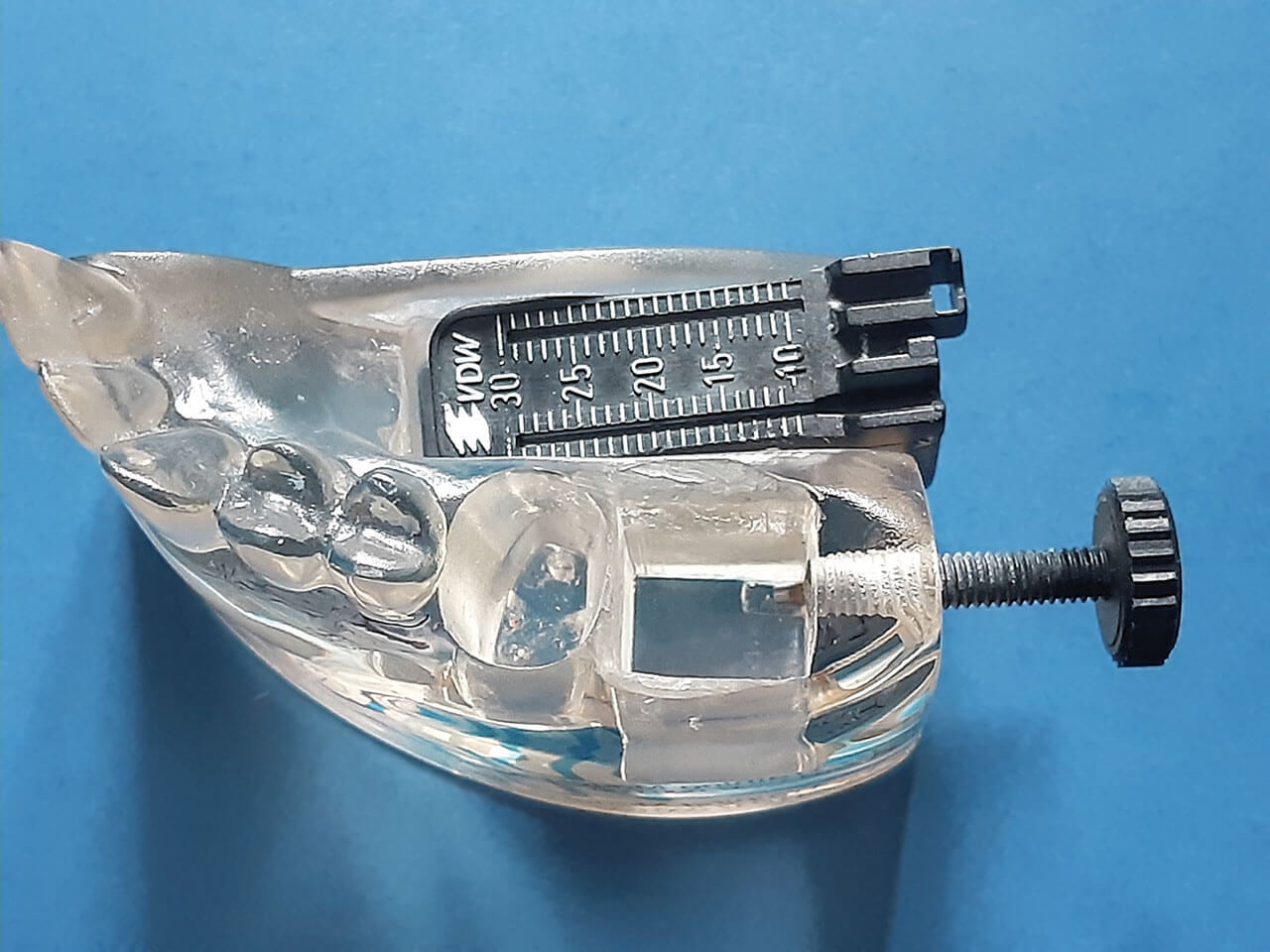 Abb. 4  VDW-Trainingsmodell: In den Hohlraum der Plastikalveole lassen sich sowohl 3-D-gedruckte als auch natürliche Zähne einspannen. Das Modell erlaubt auch die elektrische Längenbestimmung.