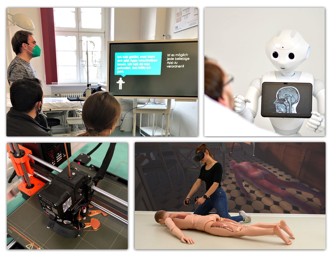 Die Collage zeigt die vier Stationen des Digitalisierungs-Curriculums. Obere Reihe (von links) Gesundheits-Apps und Robotik, untere Reihe (von links) 3-D-Druck und Virtual Reality/Augmented Reality (VR/AR).