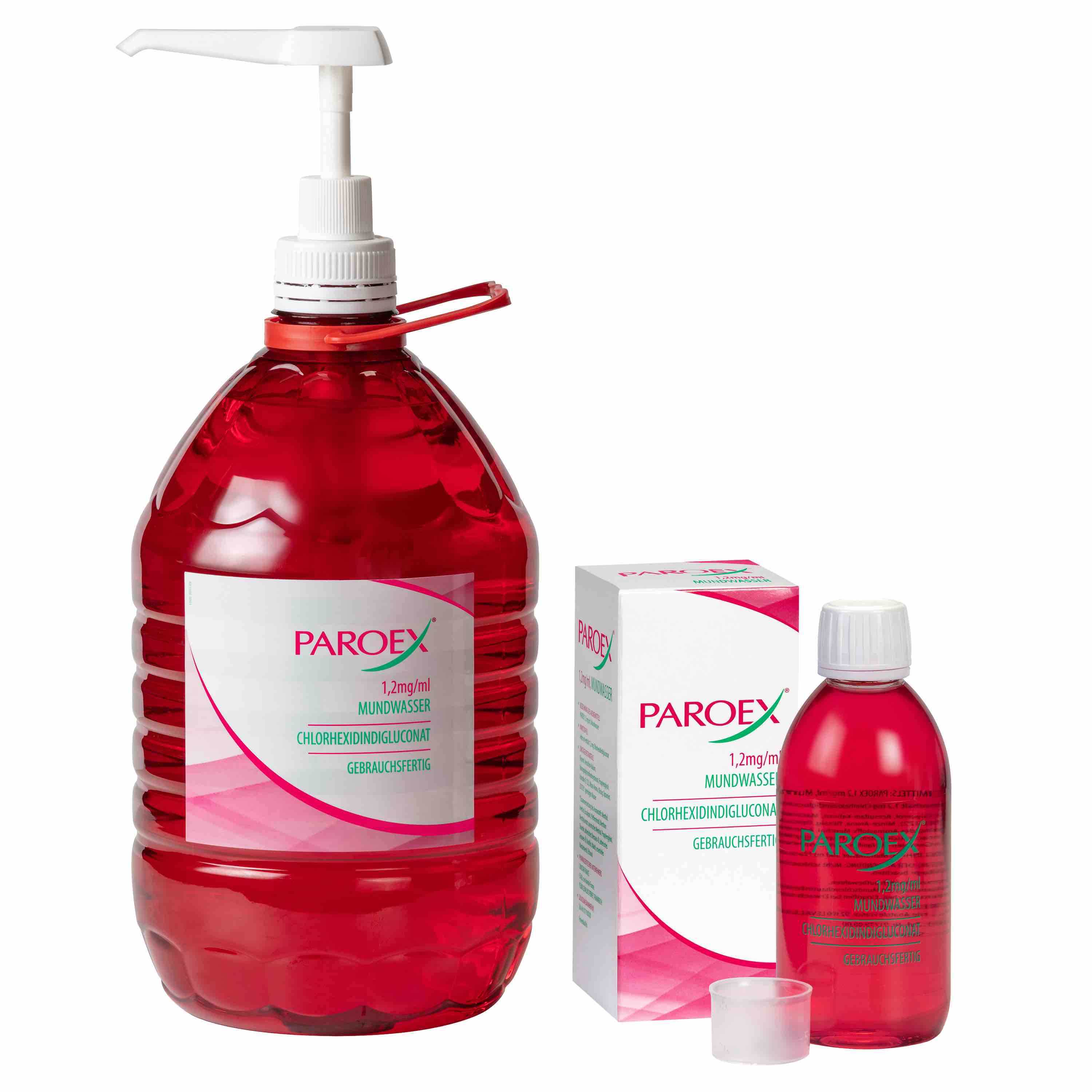 Paroex 1,2 mg/ml Mundwasser ist verfügbar in der 5-Liter- und 300- ml-Flasche